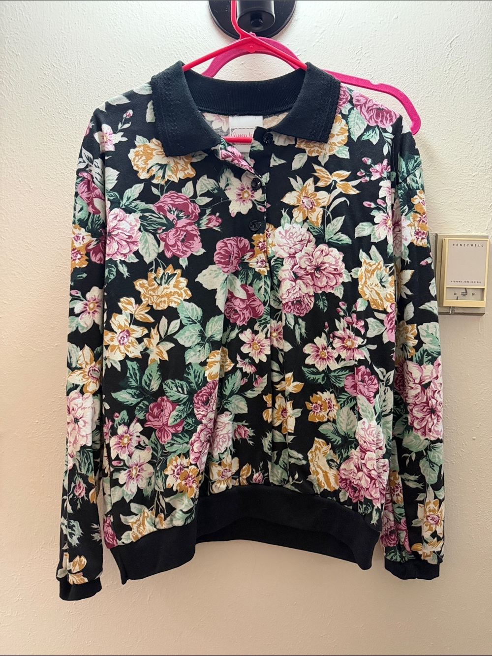 Vintage Floral Button Polo Sweatshirt in Black with Pink & Yellow Blooms